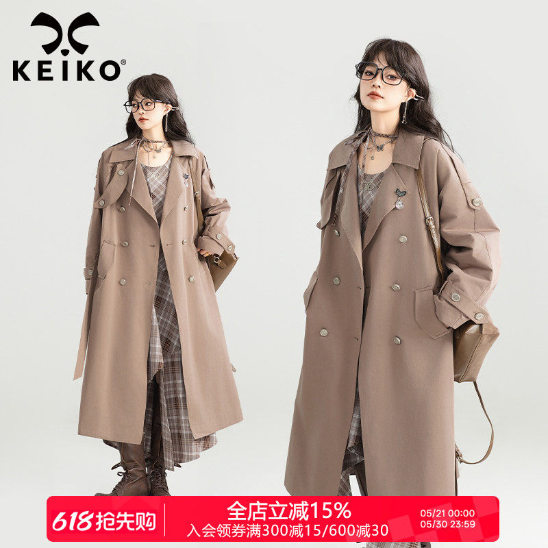 KEIKO 韩系高级感中长款系带风衣女26春季气质通勤双排扣外套大衣