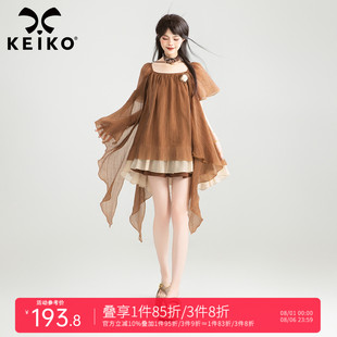 复古咖色绉纱方领连衣裙夏季 KEIKO 可露丽风不规则荷叶边飘带短裙