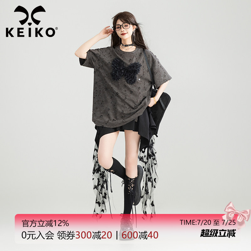 KEIKO 蝴蝶花破洞短袖t恤女夏季废土风复古宽松显瘦圆领半袖上衣