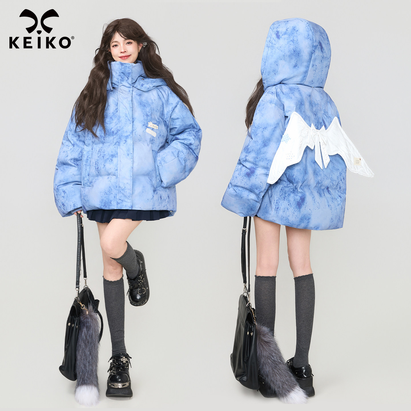 KEIKO软骨羽翼饰斑驳印花棉服