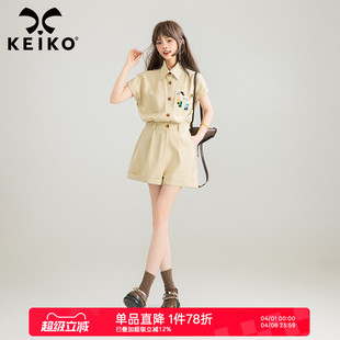 减龄小个子显瘦连身衣裤 KEIKO 法式 女夏季 仿麻料工装 风连体短裤