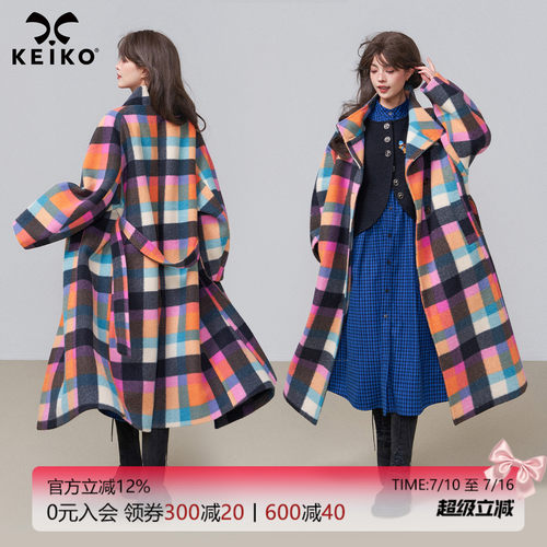 KEIKO韩系彩色格子长款毛呢大衣
