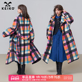 多巴胺穿搭宽松长款 KEIKO 韩系彩格子毛呢大衣2026春季 呢子外套