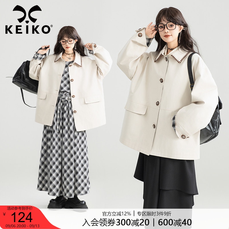 KEIKO撞色翻领短款休闲风衣外套图片