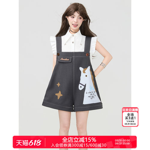 KEIKO设计感白马图案背带短裤