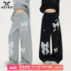 KEIKO 垂感宽松直筒阔腿运动裤 少女风蝴蝶结绣花休闲卫裤 女26春季