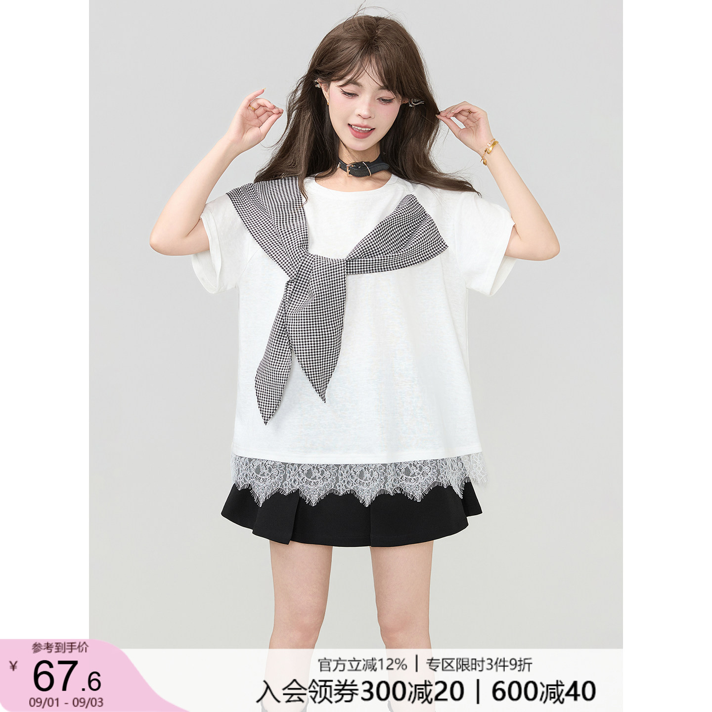 KEIKO 设计感小众领巾饰短袖t恤女2026夏季蕾丝拼接宽松显瘦上衣图片
