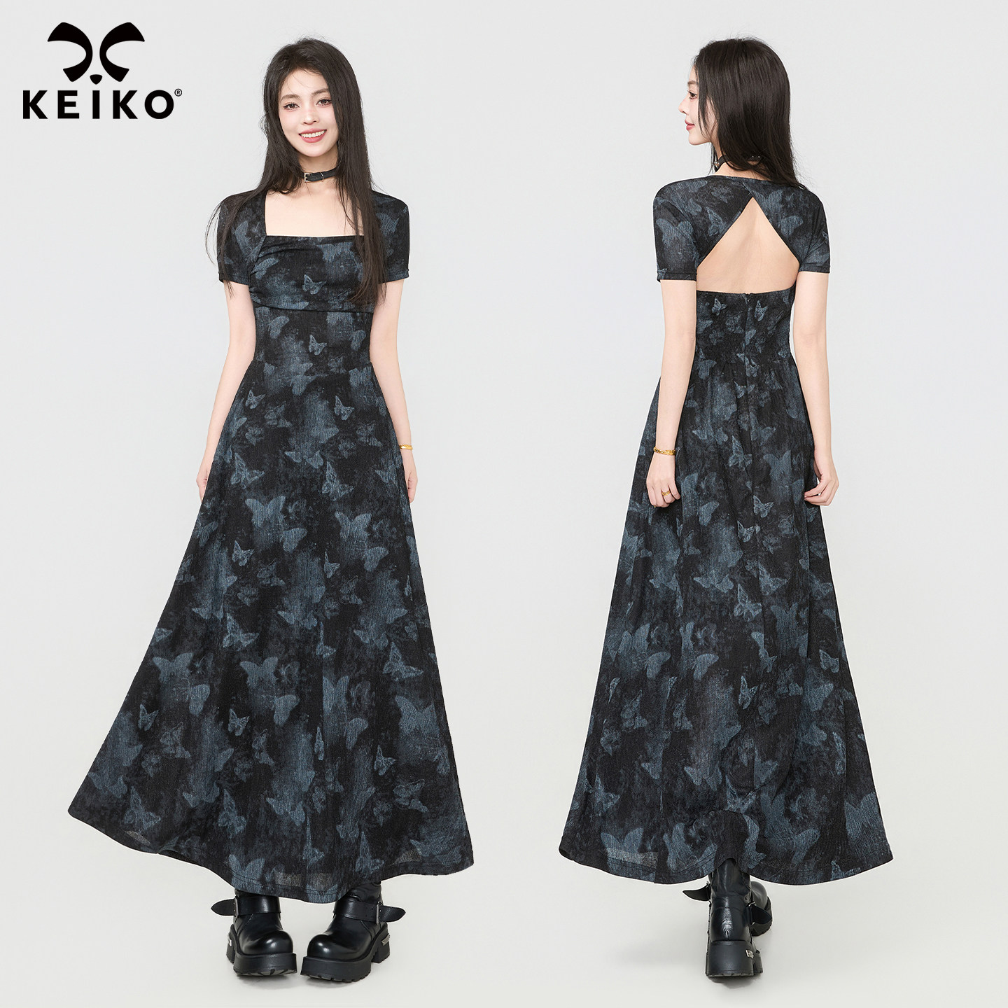 KEIKO法式方领晕染蝴蝶连衣裙