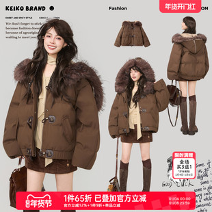 KEIKO 可卸大毛领短款牛角扣棉服外套女冬季深冬复古加厚连帽棉袄