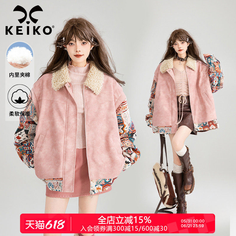 KEIKO[夹棉/保暖]异域风提花拼接皮衣棉服冬季美式毛领皮棉袄外套