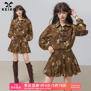 气质皮扣饰灯笼袖 KEIKO 新款 复古鸢尾花收腰连衣裙春季 短裙子 法式
