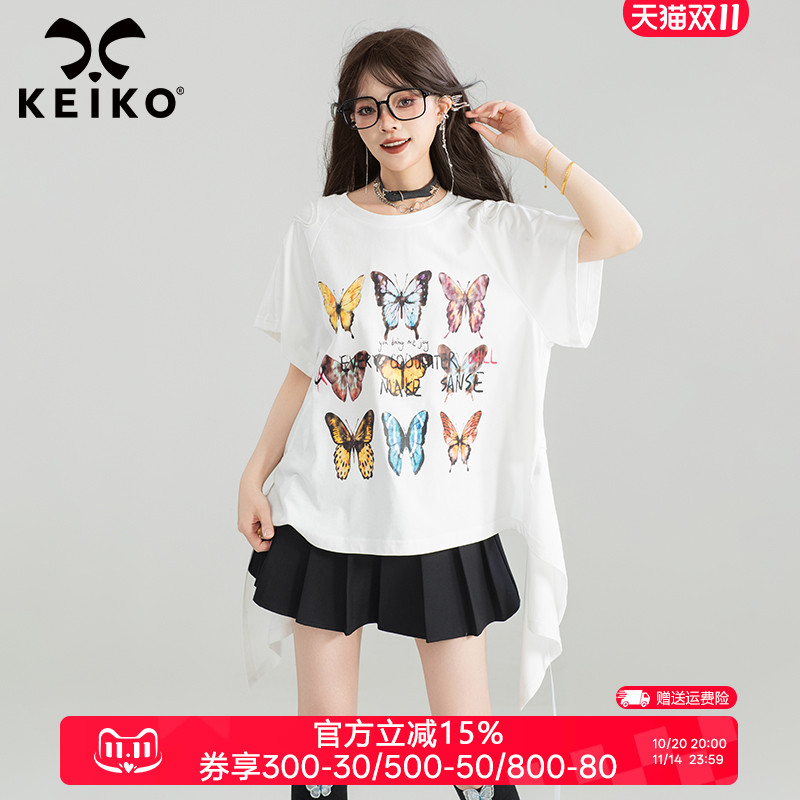 KEIKO [蝴蝶绣] 设计感露背短袖t恤女25夏季前长后短宽松印花上衣