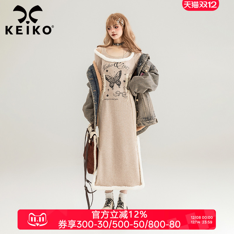 KEIKO甜辣妹复古印花针织连衣裙