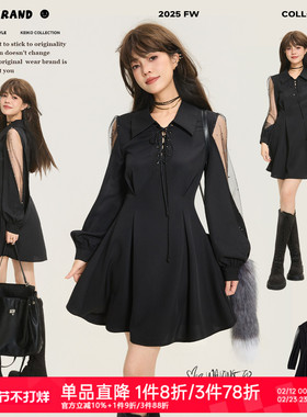 KEIKO 千金感黑色轻纱灯笼袖连衣裙26春季小个子褶皱收腰显瘦短裙