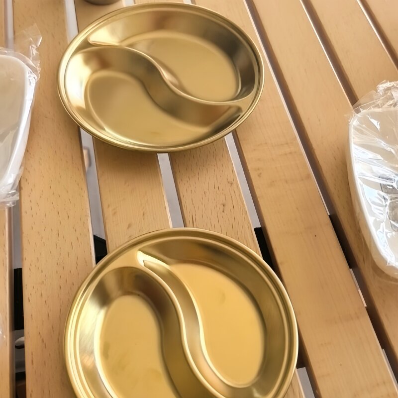 不锈钢圆形分格味碟火锅酱油醋调料碟餐厅酱料蘸料碟子金色小盘子