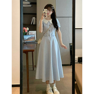 格纹两件套装 法式 半身裙女时尚 气质甜美娃娃领蕾丝花边短袖 上衣