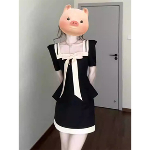 法式 气质轻熟风收腰方领蝴蝶结短袖 上衣高腰半身裙女穿搭两件套装