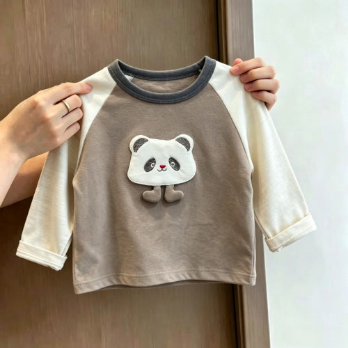 小童秋装插肩T恤可爱立体熊猫刺绣男女童韩系洋气打底户外休闲衣