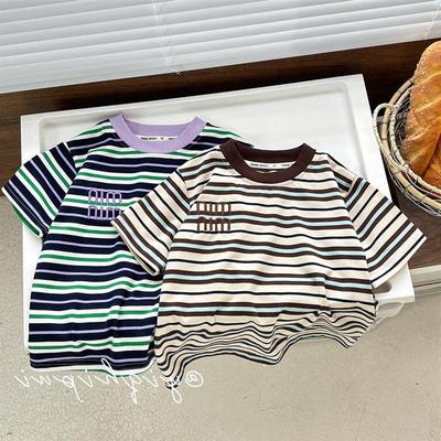 儿童夏季新款复古色系全棉短袖男童女童圆领半袖T咖色条纹上衣潮L
