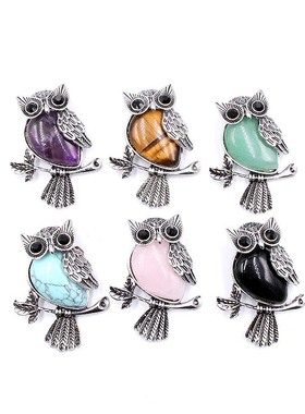 天然水晶宝石镶嵌猫头鹰多色吊坠 水晶玛瑙胸花潮人 外贸直供