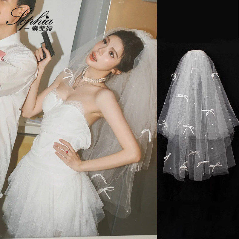 韩式新娘头纱头饰仙美小蝴蝶结珍珠发饰主婚纱造型可爱拍照配饰品