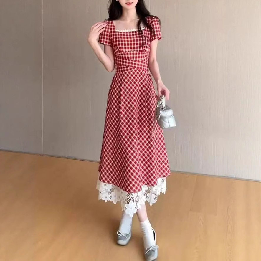 多巴胺红色格子连衣裙子女夏季