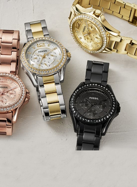 FOSSIL手表不锈钢三眼镶钻时尚大表盘星期日历石英表防水女表