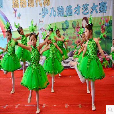 儿童演出服女童舞蹈服装绿色小草表演服亮片小学生六一跳舞裙纱裙