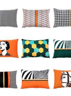 橙色北欧沙发抱枕套暖橘色简约现代靠垫美式轻奢千鸟格长方形腰枕