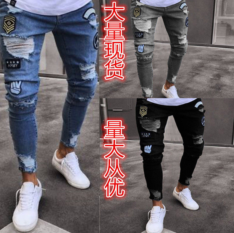 厂家直销外贸新款男士牛仔裤紧身绣花章修身铅笔裤休闲破洞小脚裤