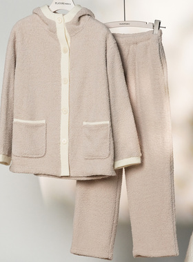 梧桐本色加厚杨梅绒连帽家居服套装亲肤保暖锁温防风护耳WJ852072