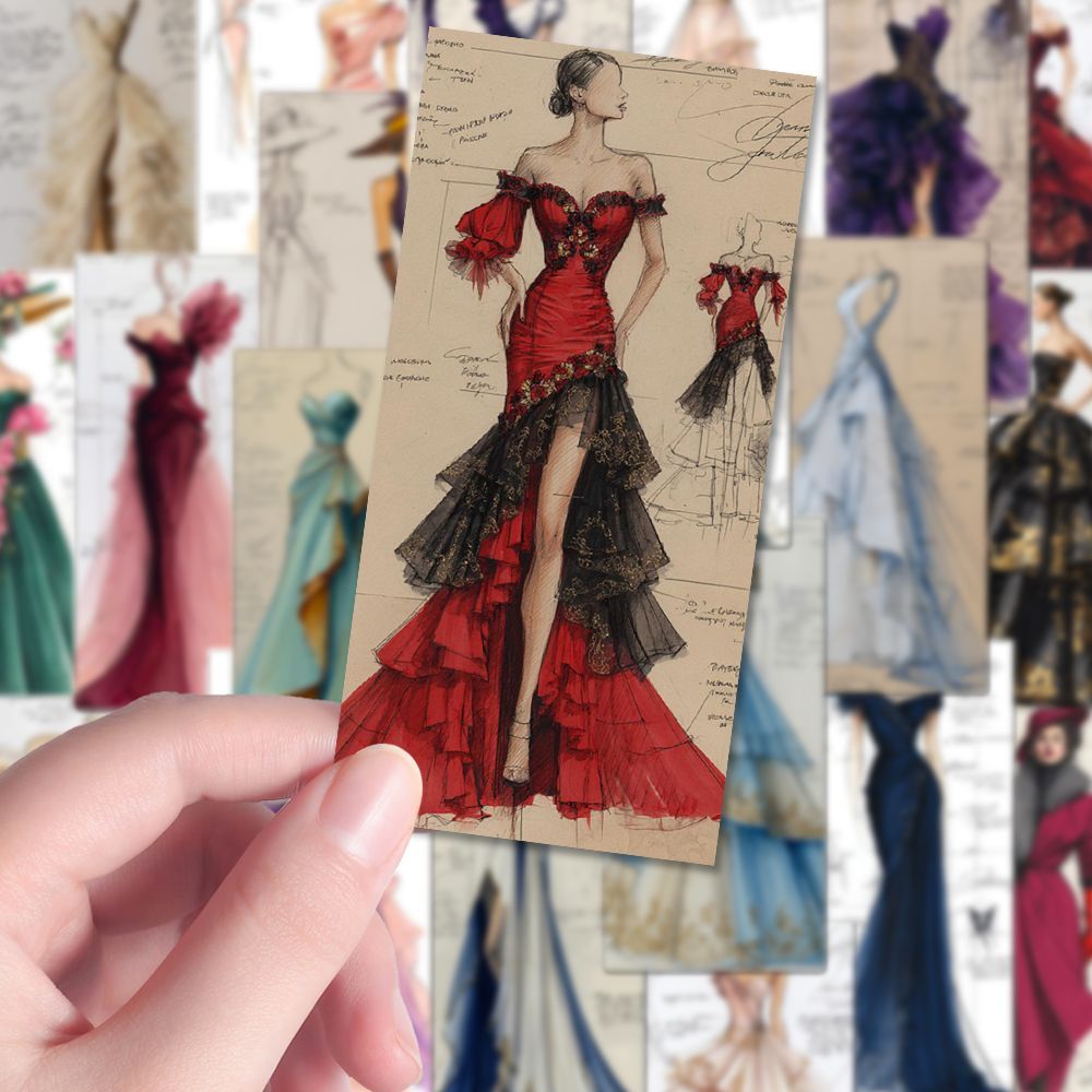 192张OC礼服设计手稿贴纸ins高级感晚礼服手绘图纸美术生绘画素材