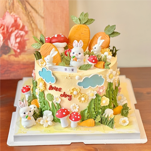 网红森系可爱小兔子胡萝卜小房子竹筐兔宝宝周岁生日蛋糕装 饰摆件