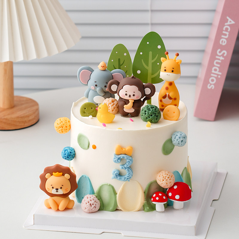 卡通森系动物生日蛋糕装饰软胶小猴子狮子长颈鹿大象儿童生日摆件