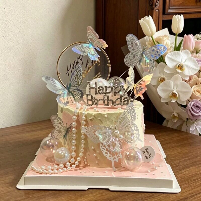 网红唯美女神女生生日蛋糕装饰钻石生日快乐插件幻彩蝴蝶甜品装扮