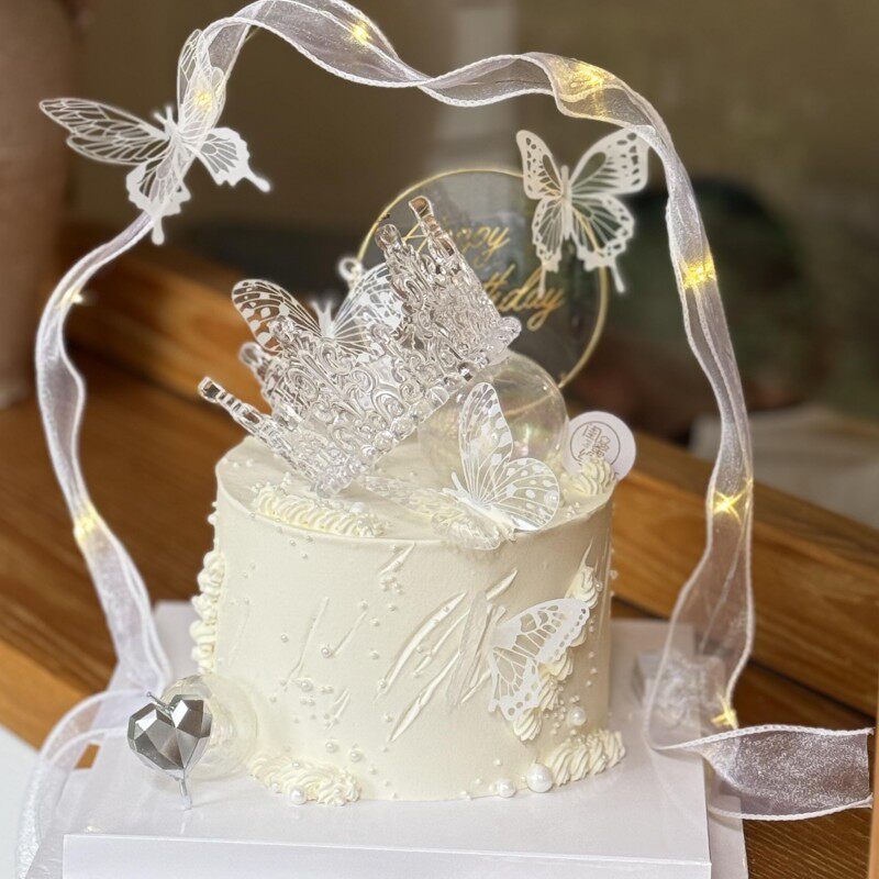 幻彩蝴蝶透明水晶皇冠蛋糕装饰带灯飘带公主仙女生日派对烘焙装扮
