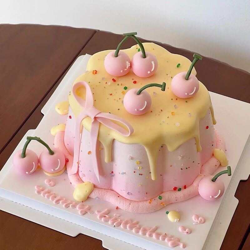 粉色软胶樱桃蛋糕装饰少女蝴蝶结仿真红色小樱桃摆件生日甜品插件