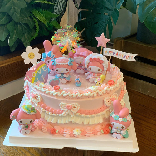 粉色美乐蒂玉桂狗KT猫库洛米茶会公主女孩生日蛋糕装饰摆件套装