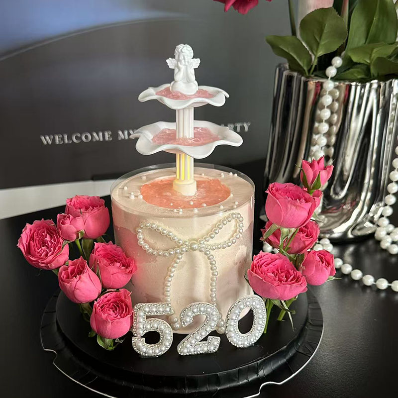 520情人节蛋糕装饰许愿池小天使摆件珍珠蝴蝶结520插件情侣表白