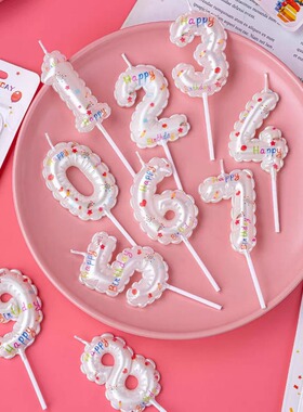 白色生日快乐数字蜡烛甜品台烘焙插件周岁装饰仿气球造型生日蛋糕