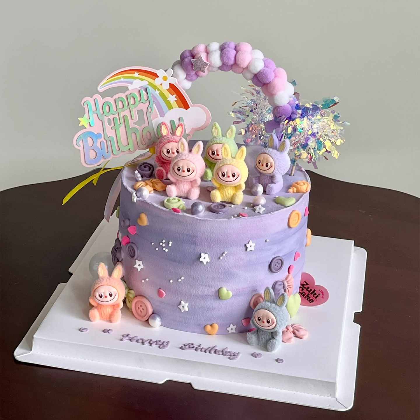 紫系女孩生日abubu蛋糕装饰可爱毛绒拉布布公仔彩虹毛球拱门插件