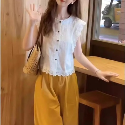 夏季小飞袖上衣阔腿裤两件套