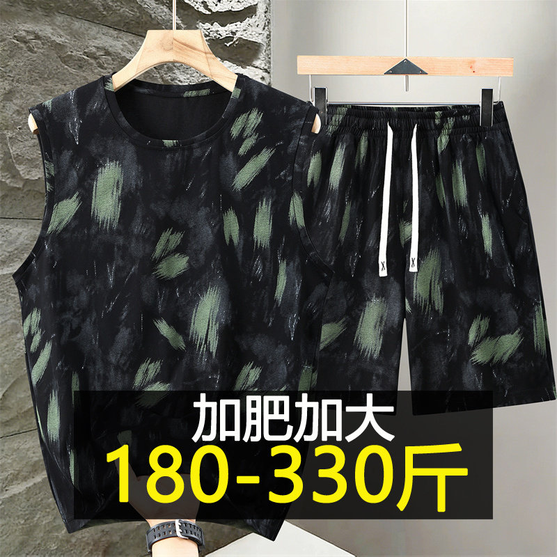 大码背心男夏季胖子宽松加肥加大休闲运动套装无袖上衣短裤两件套