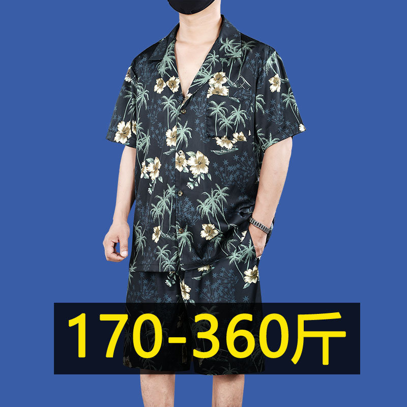 夏季冰丝开衫家居服套装男加肥加大码胖子衬衫t恤短裤两件套350斤
