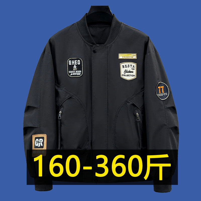 特大码潮牌美式贴标刺绣夹克男春秋款外套加肥加大胖子宽松棒球服