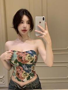 纯欲复古带胸垫抹胸背心女春装辣妹性感露背上衣外穿短款碎花裹胸