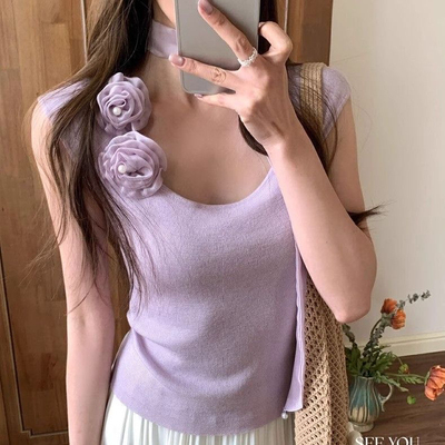 法式绝美挂脖飘带紫色花朵吊带背心女夏季薄款超好看冰丝针织上衣