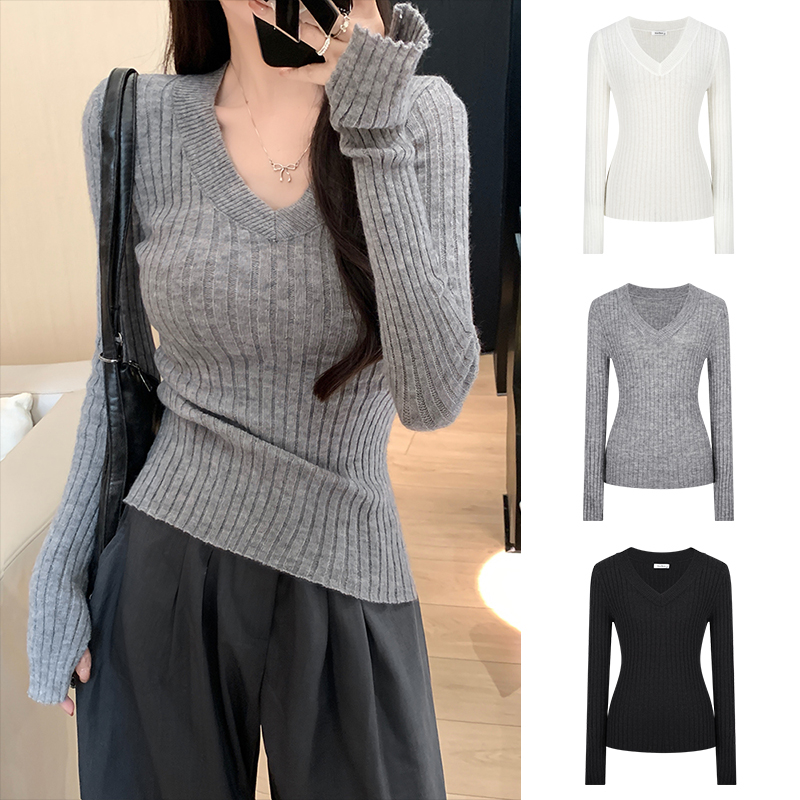 MosesQueen魔西女王灰色v领毛衣女秋冬季内搭打底衫长袖针织上衣
