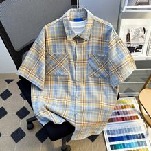 美式复古格子衬衫男夏季翻领短袖高级感cleanfit潮牌撞色开衫外套