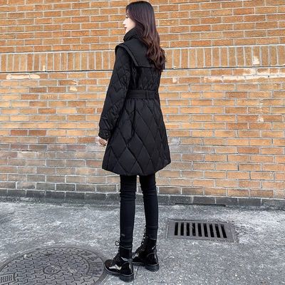 中长款白鹅绒羽绒服女2025冬季新款修身收腰黑色显瘦鹅绒外套加厚